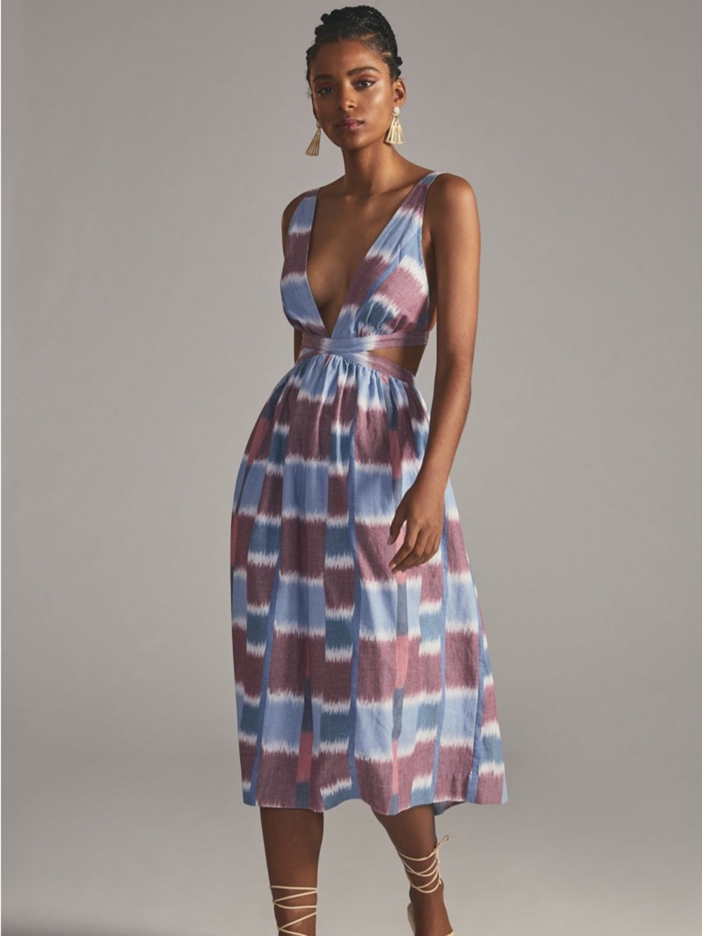 Anthropologie NWT Deep V Midi Dress Blue Pattern Purple Tye Dye Halter Tie Sz S